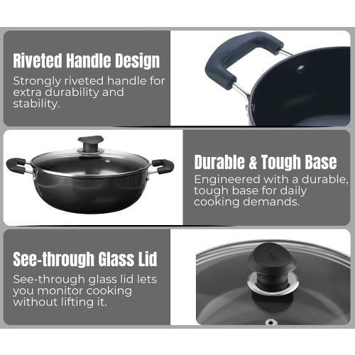 Vinod Black Pearl Hard Anodized Deep Kadhai with Glass Lid – Black - 3.1 Liters (3.2 Quarts) – 24cm – Riveted Handles - Multi-Use Pot/ Wok - Suitable For Indian Cooking, Sauces, Pasta, Stews, Soups‼️missing glass lid‼️