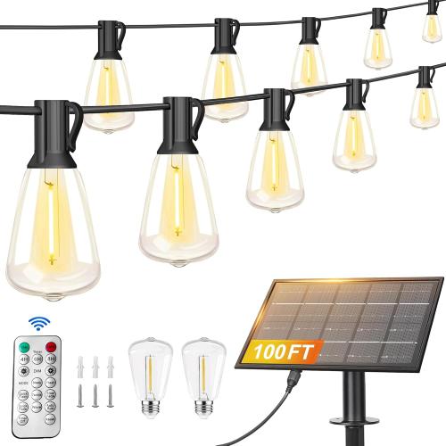 Black Stright Solar Powered String Light 100FT with Remote Control 8 Light Modes, Weatherproof Shatterproof ST38 LED Bulb 30 Sockets for Backyard Porch Cafe, Large Solar Panel