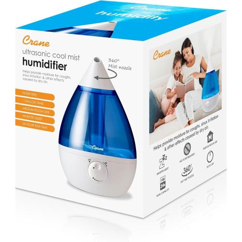 Crane Ultrasonic Cool Mist Teardrop Humidifier for Baby Nursery, Bedroom, Office, Large Room, Adjustable Humidity, Auto Shut-Off, Easy Clean Blue & White 1 Gallon