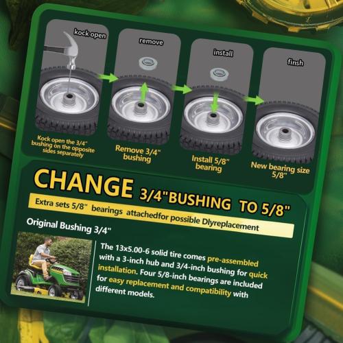 13x5.00-6 Flat Free Tire and Wheel Assemblies (2 Pack),13 x 5 x 6 Solid Rubbe Tires and Wheel for Riding Lawn Mower - With 3/4 Bushings (Extra 5/8 Bushings) and 3 Centered Hub (Gray)