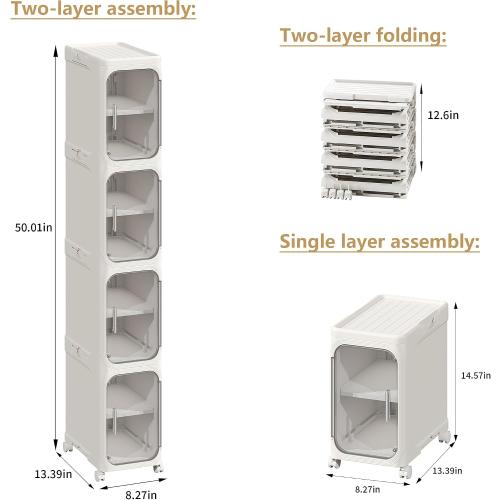 WHITE 4-Tier Tall Narrow Storage Cabinet, Slim Bathroom Storage Cabinet with Adjustable Shelves and Wheels, Narrow Organizer for Small Space, Bathroom, Kitchen, Laundry