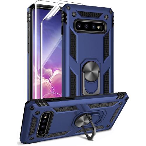 Androgate for Samsung Galaxy S10 Case with HD Screen Protectors, Military-Grade Metal Ring Holder Kickstand 15ft Drop Tested Shockproof Cover Case for Samsung Galaxy S10 (2019) Blue