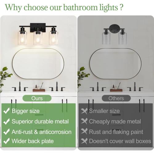 Black 3 Light Bathroom Light Fixtures, Matte Black Modern Vanity Lights with Clear Glass Shade, Bathroom Wall Lamp for Mirror Kitchen Living Room Hallway Cabinet Porch