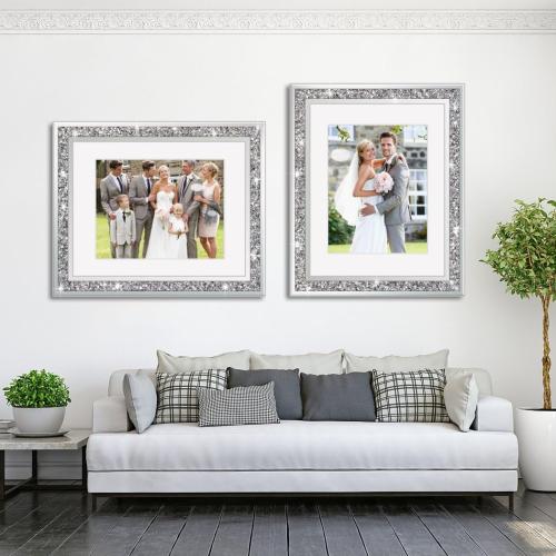 Big Mirror Photo Frame 16x20inch Mat To 11x14inch Crushed Diamond Bling Sparkle Home Decor, 2 Pack Crystal Silver Glass Wedding Picture Poster Wall Frame.