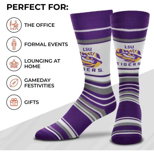 Color Purple Size Adult One size For Bare Feet Collegiate University Striped Dress Socks, One Size Fits Most Footwear for Men Women Youth, Game Day Apparel