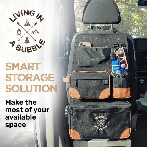 Living in a Bubble Seat back Organizer – Magnetic Toiletry and Cooler Pouch, Cordura Car Backseat Storage with Device Holder & Hooks, Multi-Compartment Utility Bag for Campervans & Family Travel