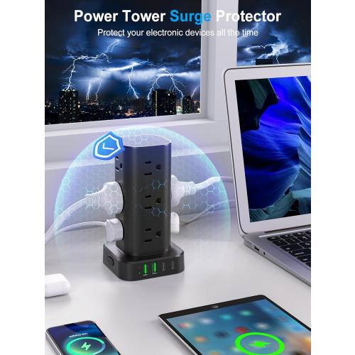 Power Strip Tower with Multiple Outlets, Flat Plug Surge Protector Tower Extension Cord with 12 AC Outlets 4 USB Ports (2 USB C), 6FT Cord Power Tower Surge Protector for Home Office Dorm Room, Black
