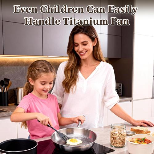 9.45 Inch Titanium Pan,99.6% Titanium Frying Pan for Cooking Healthy Non-Toxic Cookware with Lid Plateful Pan for Even Heating, Induction Compatible, Oven & Broiler Safe