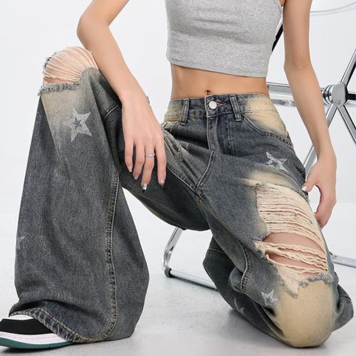 Size S/M Fashion Vintage High Waisted Baggy Wide Leg Ripped Jeans Y2K Star Washed Casual Straight Leg Denim Pants