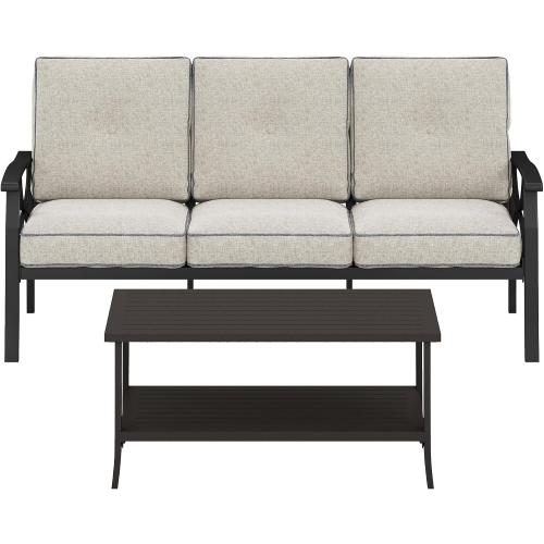 RoyalCraft Outdoor Patio Furniture Set, 2 Piece Patio Conversation Set, Metal Furniture Set with 3 seat Sofa for Porch Backyard, Black Metal Chair with Gray Cushions