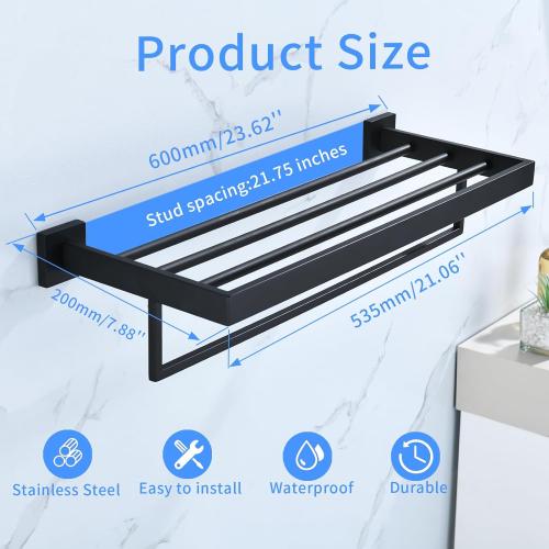 Black Towel Rack 24'' Bath Towel Shelf with Towel Bars SUS304 Matte Black Stainless Steel Wall Mounted，Modern Bathroom Storage Shelf