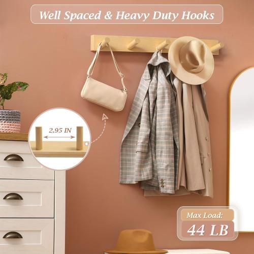 Coat Rack Wall Mount, Wooden Coat Hanger with 5 Hooks, Heavy Duty, Natural, 2 Pcs