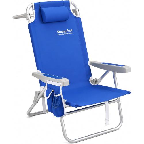 SUNNYFEEL 12.6 High Seat Beach Chair for Adults, High Back 5-Position Lay Flat Reclining Beach Chair with Detachable Cooler Bag, Folding Beach Chair with Cup Holder, Heavy Duty 360 LBS