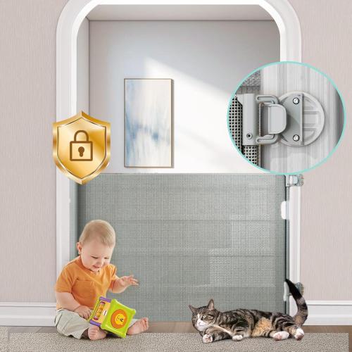 No-Drill Retractable Baby Gates for Stairs with Auto-Lock,33 Tall,Extends up to 55 Wide Mesh Baby Dog Pet Cat Gate with Double Lock for Doorways,Child Gate for Hallways Kitchen Indoor Outdoor Grey