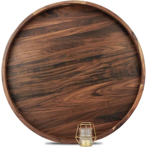 26 Inches Extra Large Round Black Walnut Wood Ottoman Tray with Handles, Serve Tea, Coffee, Classic Circular Wooden Decorative Serving Tray