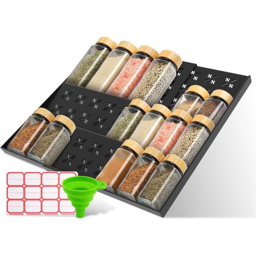 Spice Drawer Organizer 3-Tier Expandable (11-22 Wide), Spice Rack for Cabinet with Funnel & Spice Labels, Fits Large Jars, Seasoning Storage Insert Design for Cabinet & Drawer (Black)