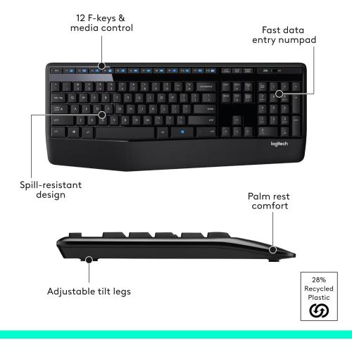 Logitech MK345 Wireless Keyboard and Mouse Combo with Palm Rest, 2.4 GHz USB Receiver, Compatible with PC, Laptop, Black
