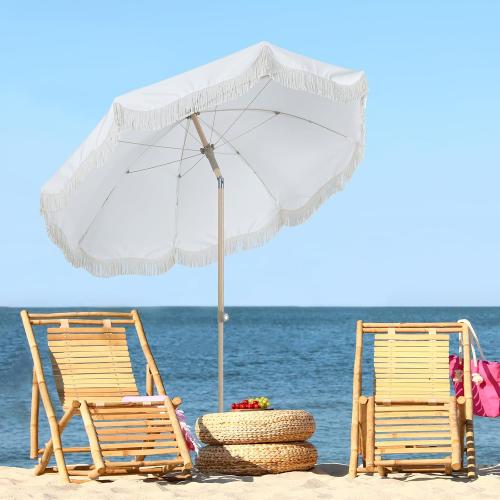 Tempera 6ft Boho Beach & Patio Umbrella with Fringe, Market Umbrellas with UPF 50  UV & Water-Resistant Canopy, 1.5 Wood Pole & Button Tilt.
