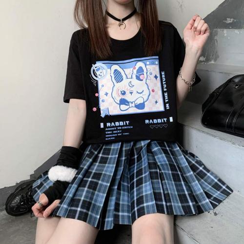 Size 3XL Color Black Japanese Harajuku Pastel Goth Cute Aesthetic Casual Cotton Crewneck Kawaii Cartoon Bunny T-Shirt