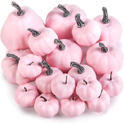 DomeStar 18PCS Assorted Pink Foam Pumpkins for Decoration, Little Pink Artificial Pumpkins for Baby Shower Decorations Wedding & Thanksgiving Farmhouse Table