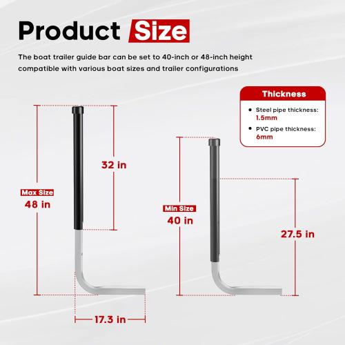 40/48 Adjustable Boat Trailer Guide-ons, Rustproof Electro-Galvanized Steel Trailer Guides, Boat Trailer Guides Poles with Black PVC Pipes Fit for Ski Boat, Fishing Boat, Sailboat Trailer
