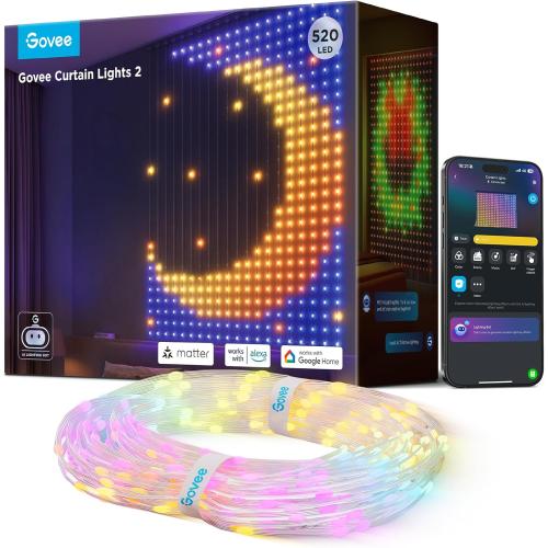 Govee Curtain Lights 2, 520 LEDs, Smart LED Curtain Light with DIY GIF AIGC, Non-Splicable, RGBIC Color Changing Holiday Lights for Indoor Outdoor Bedroom Window Decor, IP65 Waterproof, 4.9×6.6ft
