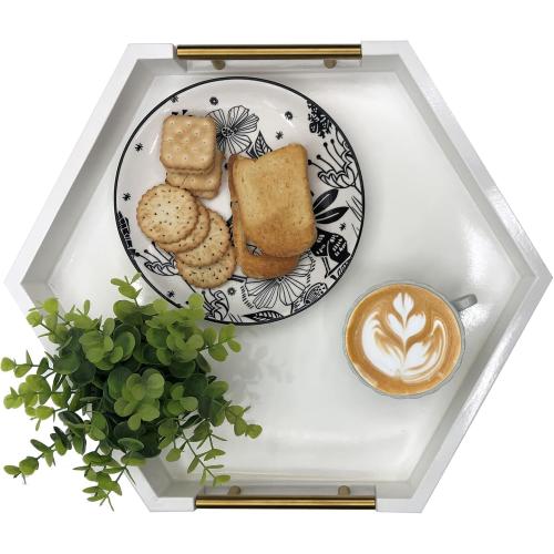Serving Tray with Polished Metal Handles, Hexagon Coffee Table Tray, Modern Rectangle Decorative Tray, Large Ottoman Tray, Perfect for Storage and Display (White Hexagon)