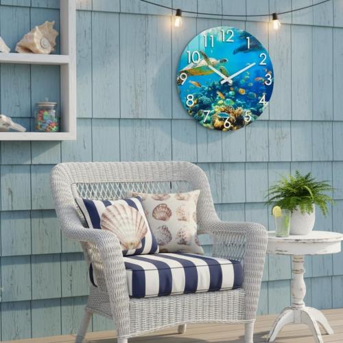 Crosstime 16 Inch Large Outdoor Wall Clock Waterproof - Sea Turtle & Coral Reef Ocean Life Theme, Tempered Glass Face - Silent Coastal Decor Clock for Outside Patio, Poolside, Garden, Beach House