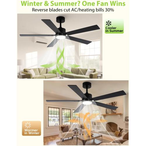 Ceiling Fans with Lights, 52 Inch Modern Ceiling Fan with Remote Outdoor Ceiling Fan for Bedroom, Living Room,High CFM Ceiling Fans with 3CCT LED Lights Kit, Quiet DC Motor, Timer