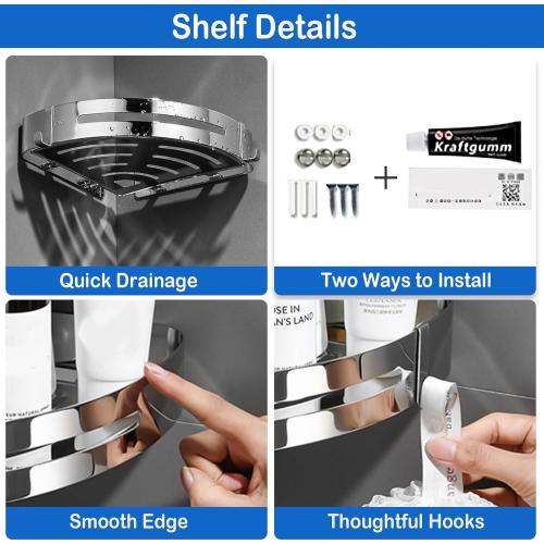 Wall-Mounted Corner Shelf, Single Pack, Bathroom Tray Organizer with 2 Hooks, Ideal for Bedroom, Living Room, Bathroom, and Kitchen (Silver)