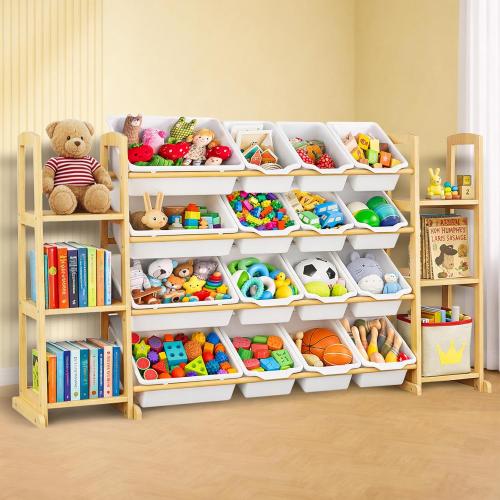 Kids Toy Storage Organizer with Bookshelf – Wooden Shelf with 16 Bins & 6 Shelves, Quick Assembly Storage Rack for Playroom, Bedroom, Nursery - White