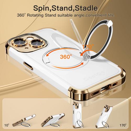 COOLQO for iPhone 14 Case 6.1'' Upgraded 360° Spin Magnetic Stand [Compatible with Magsafe][Military Grade Drop Protection] Shockproof Protective Phone Holder Cover for iPhone 14, White Gold