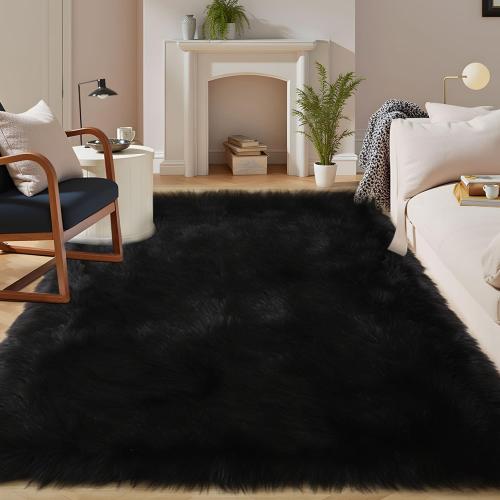 Latepis Black Shag Rugs 8x10, Faux Fur Sheepskin Rug for Living Room, Fluffy Washable Rug for Bedroom, Dorm, Luxury Room Decor, Rectangle