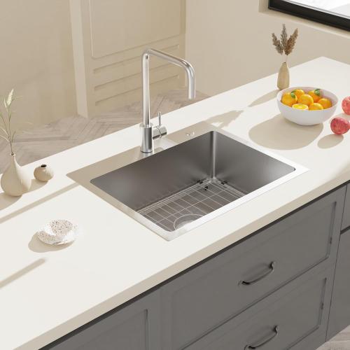 22 x 18 Drop in Kitchen Sink 304 Stainless Steel Single Bowl Topmount Kitchen Sink with Drain Kit and Bottom Grid, Brushed
