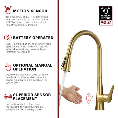sumerain Touchless Pull Down Kitchen Faucet Brushed Gold Hands-Free Motion Sensor Kitchen Sink Faucet Single Handle