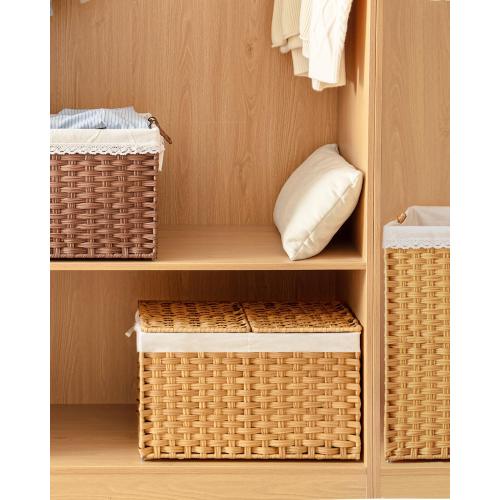 Storage Basket with Lid Rattan Woven Storage Baskets with 1 Separate Lids, 17.2 Gallon (65 L), 22 x 13 x 13.8 Inches,Foldable, 1 Removable Liner Bags Handles for Bedroom, Laundry Room Natural