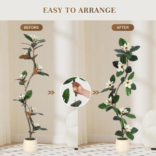 Size 5ft Rubber Tree 5FT Artificial Tree in White Planter Pot,Faux Plants Indoor Faux Floor Plant Artificial Plants with 7 Pcs Magnolia Flowers for Home Decor, Artificial Fiddle Leaf Fig Tree for Office