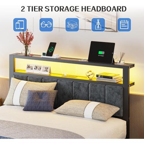 Full Size Platform Bed Frame with LED Lights, Charging Station, Grey Upholstered Headboard with 2-Tier Storage Shelves, Noise Free, No Box Spring Needed
