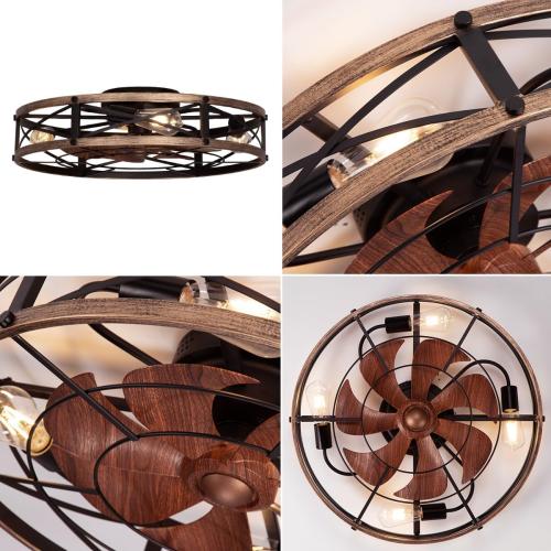 24 Farmhouse Flush Mount Ceiling Fans with Lights, Caged Low Profile Enclosed Ceiling Fans with Lights and Remote, Rustic Large Bladeless Ceiling Fan with Light for Bedroom, Kitchen - ETL