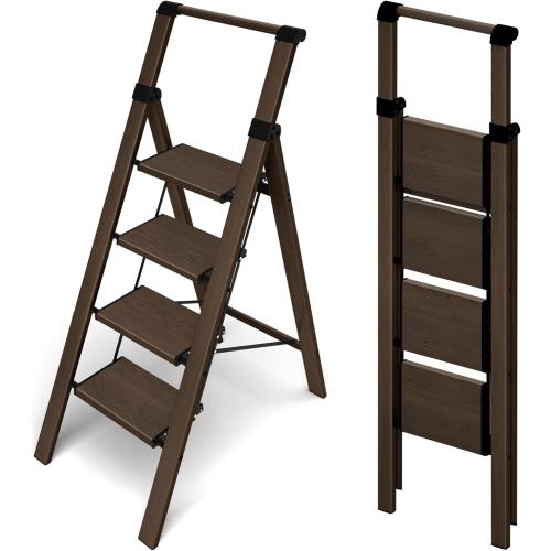 HillhutApex 4 Step Foldable Aluminum Step Ladder with Handgrip, Anti-Slip Pedal, 330lbs Capacity, Lightweight & Portable for Home, Kitchen, Office, Garage (Walnut)
