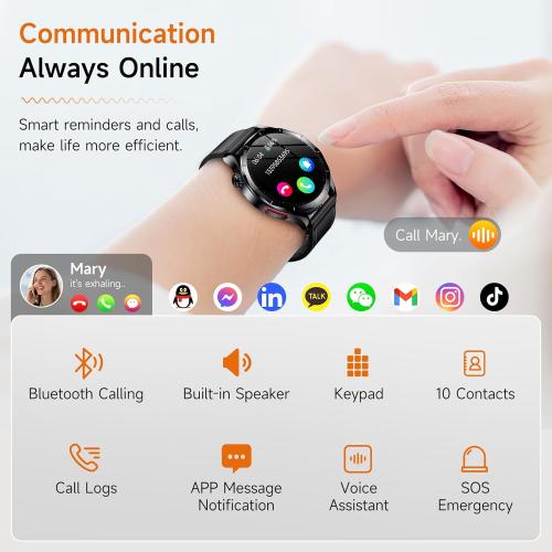 Smart Watch for Men Women, 1.43 AMOLED HD Health Watch with Answer/Make Call 24H Heart Rate Blood Pressure SpO2 Stress Sleep Monitor SOS Call Fitness Watch (Black Leather)