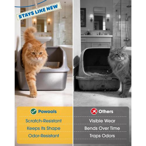 Powools Stainless Steel Cat Litter Box, High-Sided, Grey, XL (1 Pack) | Metal Litter Box with Scoop, Anti-Leakage Top Entry, Non-Sticky, Easy to Clean, 6-Inch Splash-Proof Deep Pan