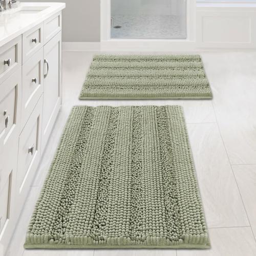 H.VERSAILTEX Bathroom Rug Sets 2 Piece Bath Mats Non Slip Thick Soft Chenille Striped Bath Rug achine Washable Shower Floor Rugs for Tub, Shower and Floor (Eucalyptus Green, 20 x 32/17 x 24)