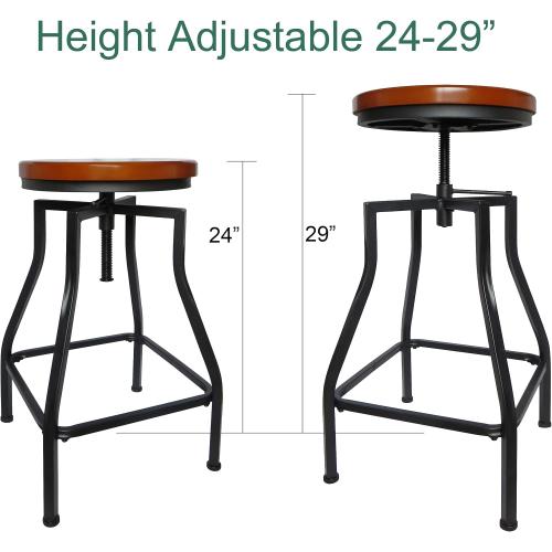 eHemco Adjustable Swivel Metal Kitchen Counter Height Backless Barstool with Wood Veneer Seat, Black, Set of 2