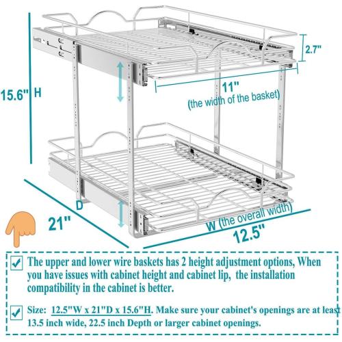 OCG 2 Tier Pull Out Cabinet Organizer (12.5 W x 21 D), Pull Out Drawers for Kitchen Cabinets, Pull Out Shelves for Base Cabinet Organization in Kitchen Bathroom Pantry, Chrome Finish