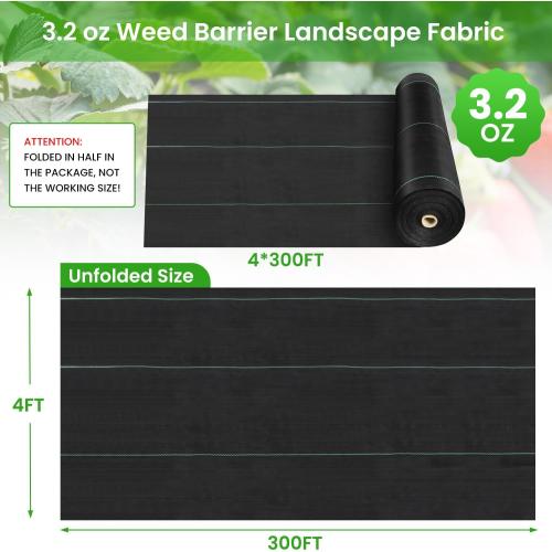 Rintea 4FTX300FT Weed Barrier Fabric, 3.2oz Landscape Fabric, Durable Weed Barrier Fabric Heavy Duty with 20 U-Shaped Securing Pegs for Landscaping Weed Blocker Garden Bed Cover, Commercial Driveway