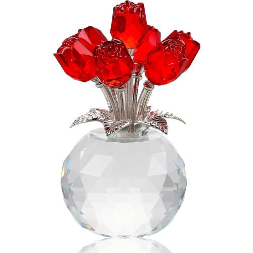 Crystal Red Rose Bouquet Figurine with Round Vase, Glass Rose Flower Romantic Gifts for Women Mom on Birthday, Collectible Decoration Table Centerpiece for Home
