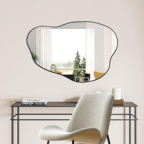 POZINO Asymmetrical Mirror, Black Irregular Mirrors, Cloud Shaped Mirrors, Unique Modern Frameless Mirror for Living Room Bathroom Bedroom Entryway Fireplace,30x20.5