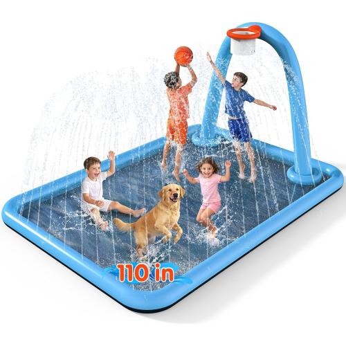 Instraella Splash Pad, 110x91'' 2-in-1 Large Sprinkler Mat with Basketball Hoop and Arch for Kids Outdoor Play, Shoot Game for Backyard, Inflatable Water Outdoor Toys More Fun for Boys and Girls