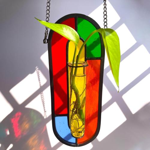 LITMIND Hanging Planter Terrarium with Vibrant Stained Glass Suncatcher Elements, Hydroponic Mini Plants Propagation Station - Perfect for Home & Garden Decor, Includes 2 Glass Propagation Tube